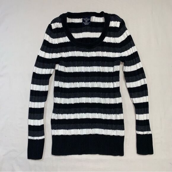 Knit Sweater Organic Cotton Women's Small Black White Striped Pullover Crewneck - Picture 1 of 6